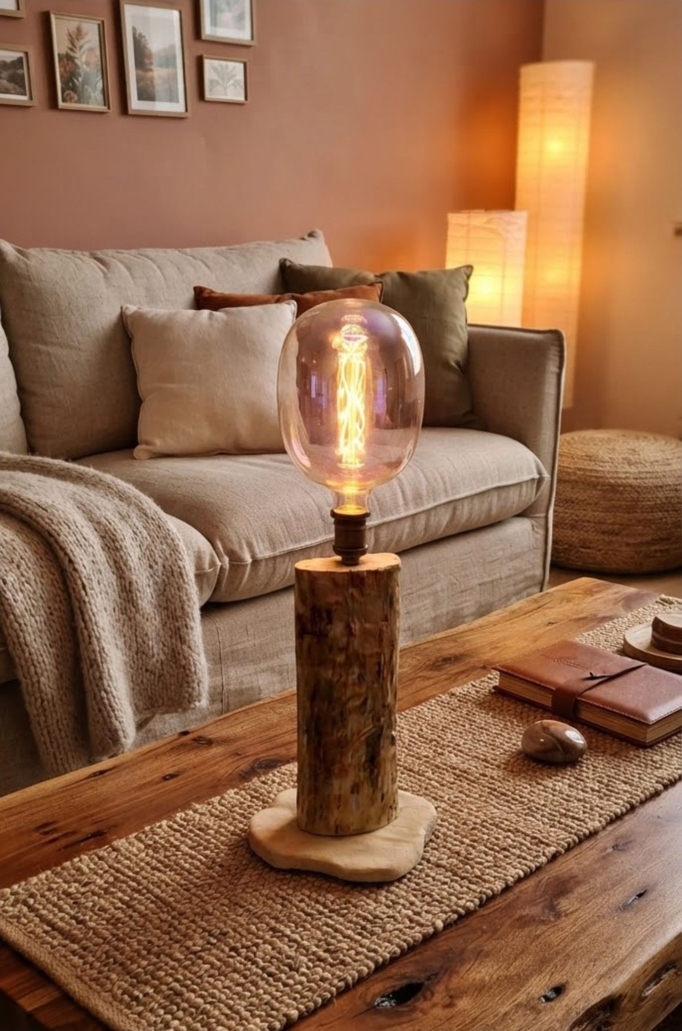 Lampe de la collection Origine allumée dans un salon chaleureux